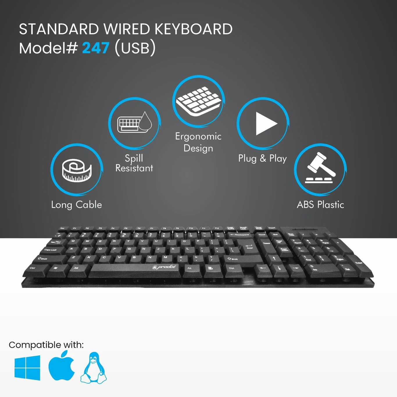 PRODOT QWERTY Keyboard with Low Profile Keys for Windows, Mac, PC, Laptop (KB-Alive) Wired USB Standard Multi-device Keyboard Compatible with Desktop, Laptop, Mac stand support,KB-Alive (Black)
